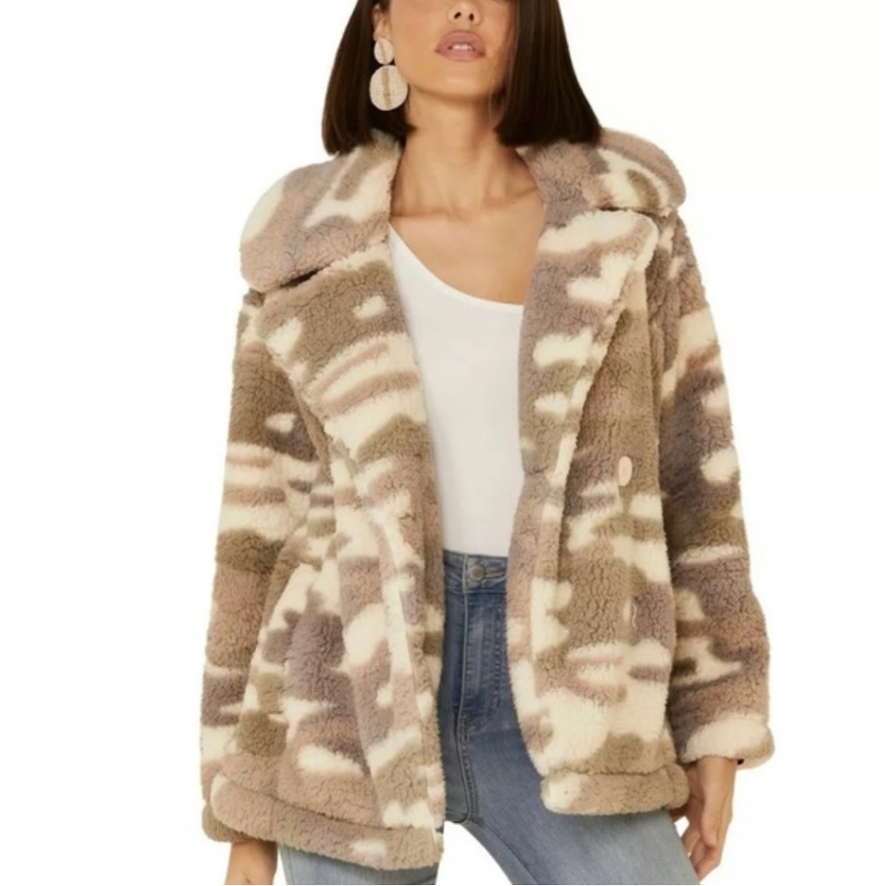 Z Supply Double Breasted Camo Sherpa Jacket  Teddy Bear Coat Notched Collar